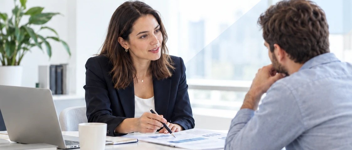 Contadora auditora de SERVCONT revisando los números de una empresa con su dueño